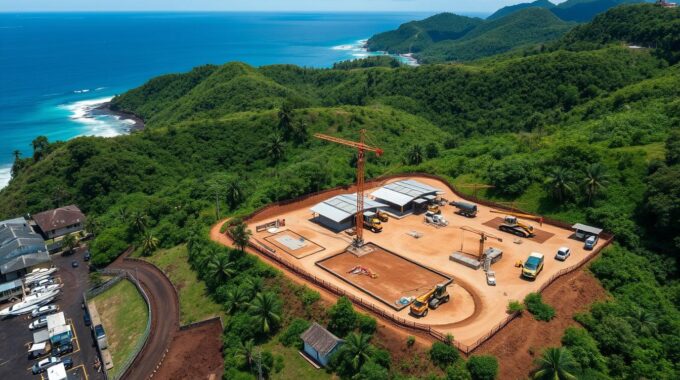 Aerial view of Costa Rica development project with mountains and coastline