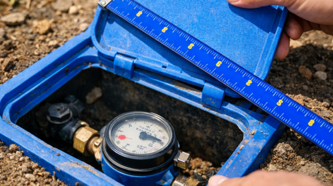 Hands open a blue water meter box on a Costa Rica property while inspecting the meter and fittings.