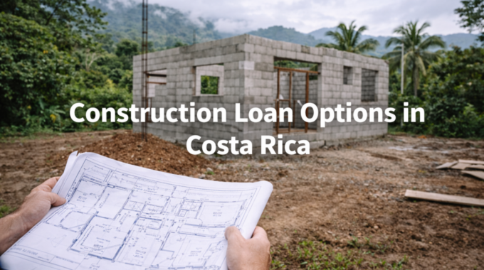 Hands hold a blueprint in front of a concrete-block home under construction in rural Costa Rica, with overlaid title text.