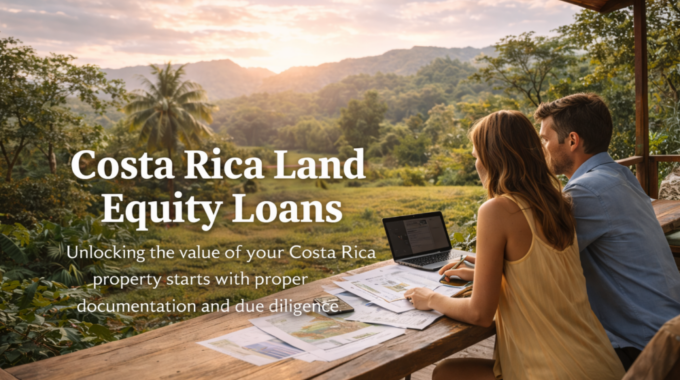 A couple reviews land documents on an outdoor terrace in Costa Rica at sunset, with mountains and tropical greenery in the background.