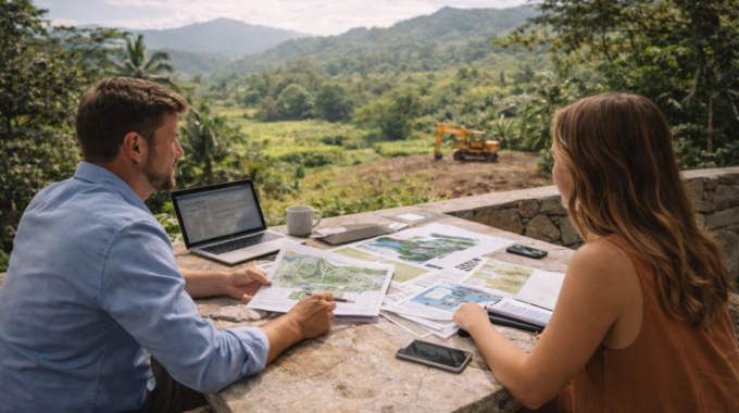 A couple reviews property maps and documents on a stone patio table in Costa Rica with a laptop, coffee mug, and a small excavator visible in the valley below.