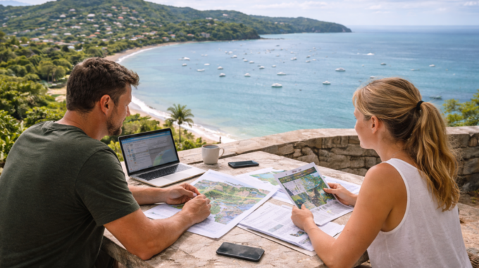 A couple reviews property maps on a stone terrace table overlooking Playa del Coco bay, with a laptop and documents spread out in front of them.