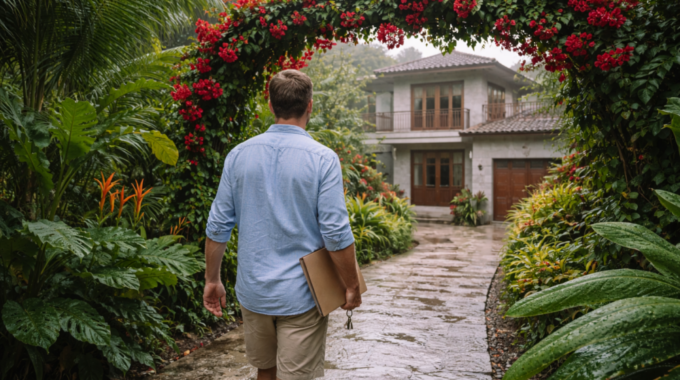 Homeowner walking along a wet stone path toward a Costa Rican house under a red bougainvillea arch