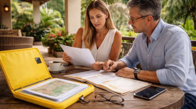 A borrower and an advisor review loan documents at an outdoor table with a yellow waterproof document case in Costa Rica.