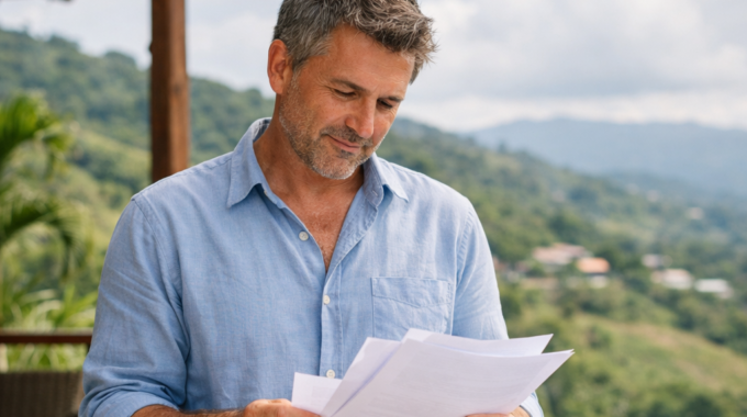 Property owner in Costa Rica reviewing real estate loan documents on an outdoor terrace