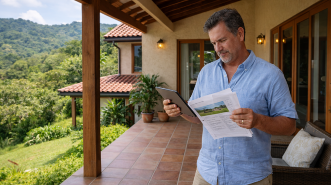 Homeowner in Costa Rica reviewing home equity loan documents on a residential terrace