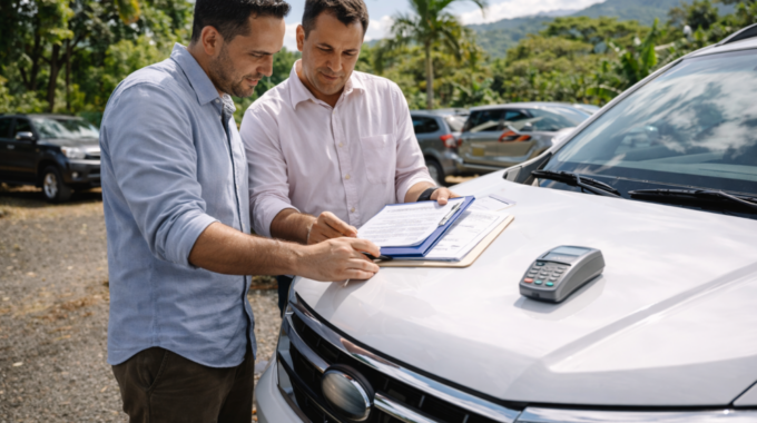Two men review auto loan paperwork on the hood of a white SUV in Costa Rica with a card reader nearby