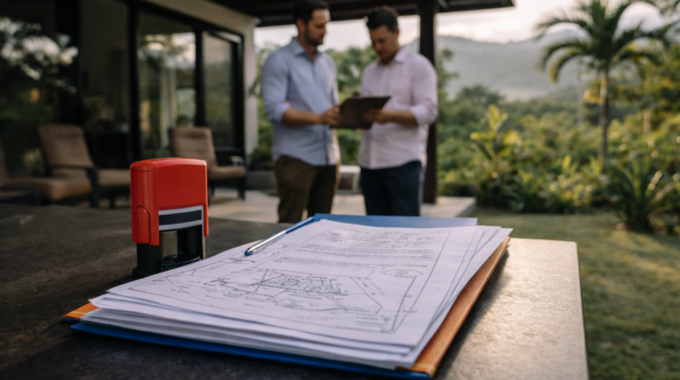 A lender-ready property file on a patio table in Costa Rica with documents stacked neatly and a hillside view behind