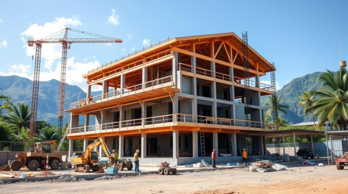 Construction project underway in Costa Rica with workers and equipment on site