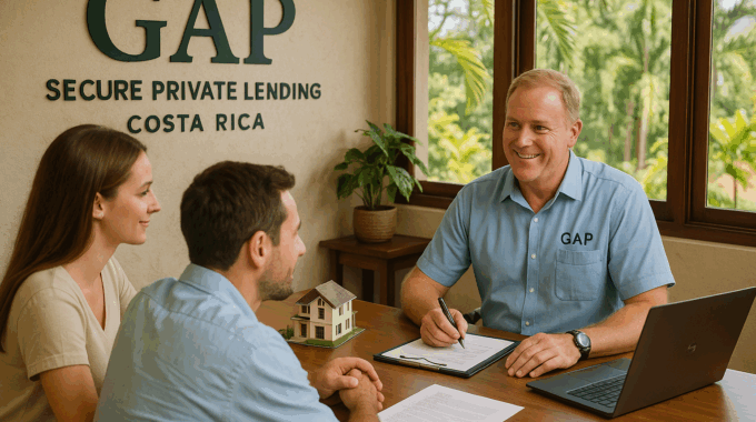 GAP secure private lending consultation in Costa Rica with professional loan advisor meeting couple discussing real estate financing options