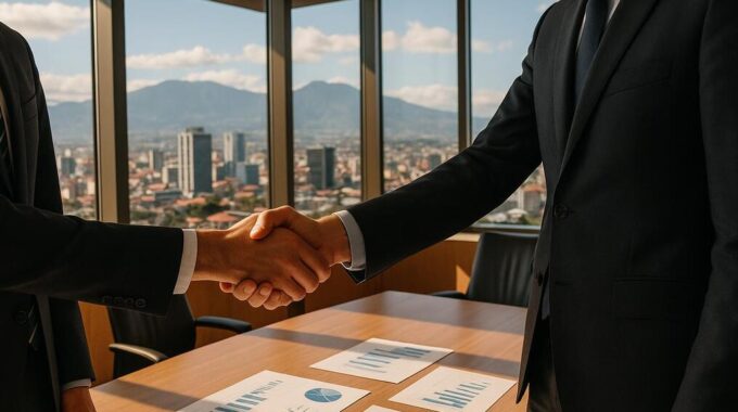 A professional handshake in a modern Costa Rican office, symbolizing a new partnership for project funding.