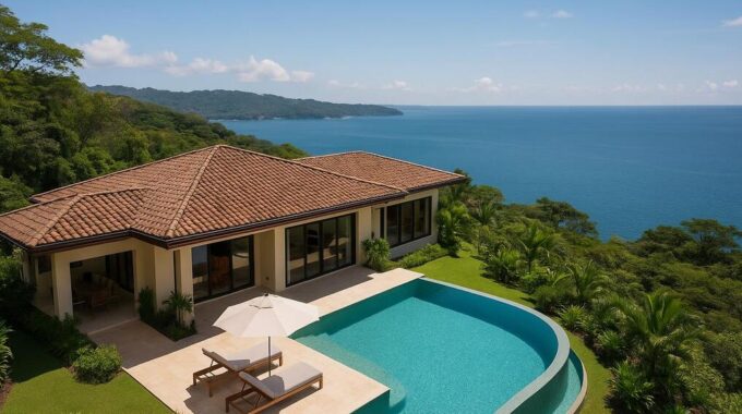 Luxury Costa Rican villa with ocean view and infinity pool representing high-value real estate investment opportunity for financing