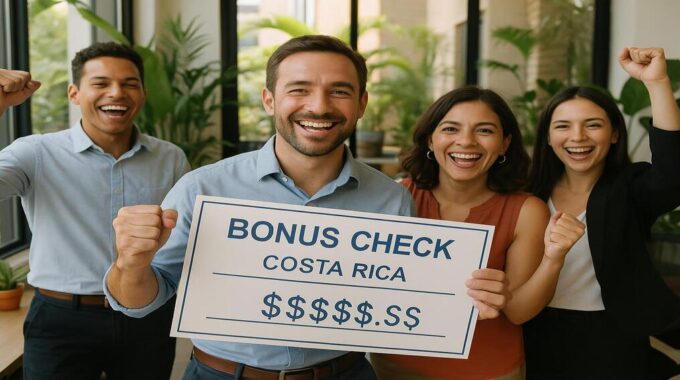 Happy Costa Rican employees in modern office celebrating aguinaldo bonus check with smiles and raised fists