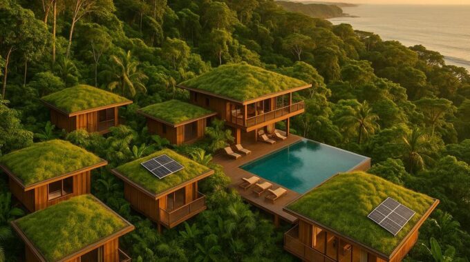 Luxury eco-resort with green roofs and solar panels in Costa Rica rainforest overlooking Pacific Ocean
