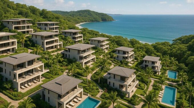 Luxury coastal resort development in Costa Rica showing completed buildings with infinity pools and ocean views