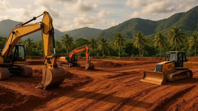 A construction site in Costa Rica with heavy machinery preparing land for a shovel-ready development project, with tropical mountains in the background.