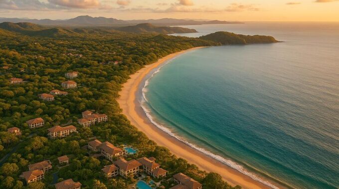 Aerial view of luxury resort development on pristine Guanacaste coastline with tropical forest and Pacific Ocean