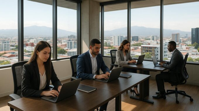 Modern Costa Rican business office with professionals working at desks with San José cityscape view