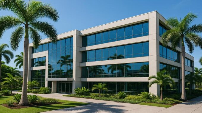 Modern Costa Rican professional office building with tropical landscaping