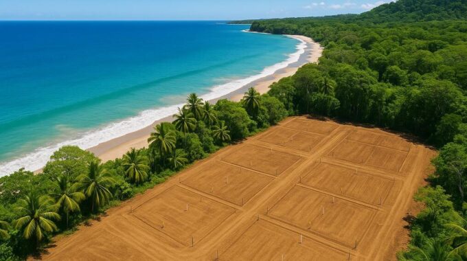 An aerial view of a shovel-ready coastal development site in Costa Rica, showing cleared land near a pristine beach and tropical rainforest.