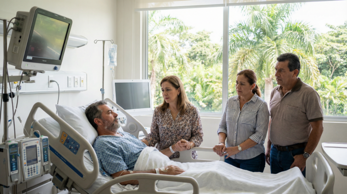 A Costa Rican family at a modern hospital with a patient receiving medical care and family members showing concern and support