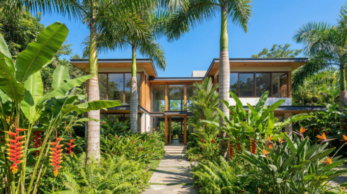 A modern Costa Rican home with a lush tropical garden, representing the property value that can be unlocked with an equity-based loan.