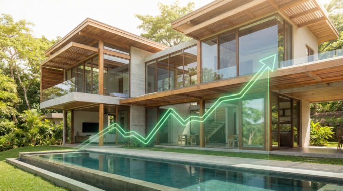 A modern home with a clear view of its equity represented by a rising financial graph.