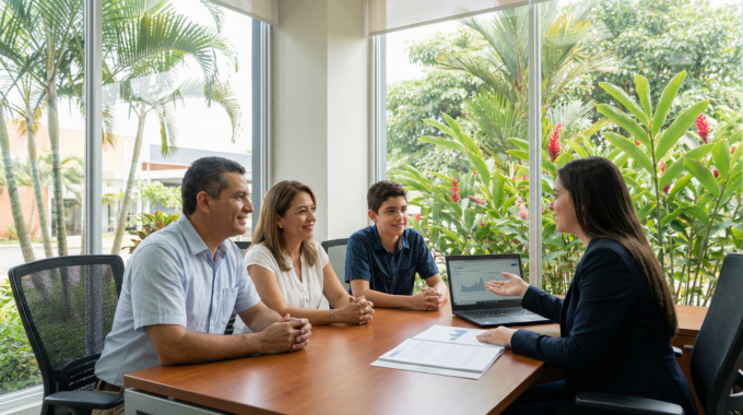 A Costa Rican family meeting with a financial advisor in a modern office overlooking tropical gardens