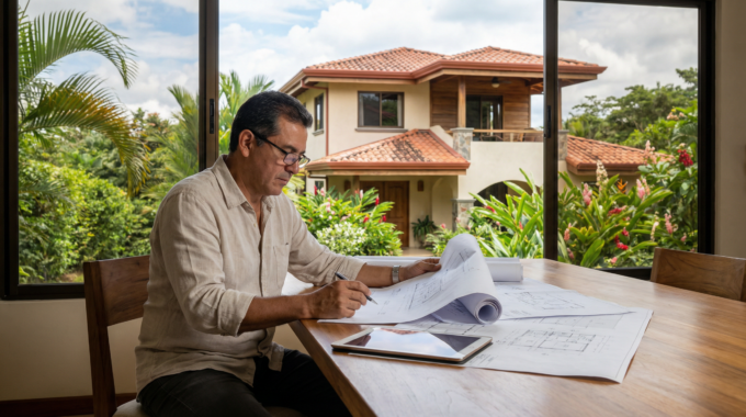 A Costa Rican real estate investor reviewing renovation plans for a property with tropical architecture and lush vegetation visible