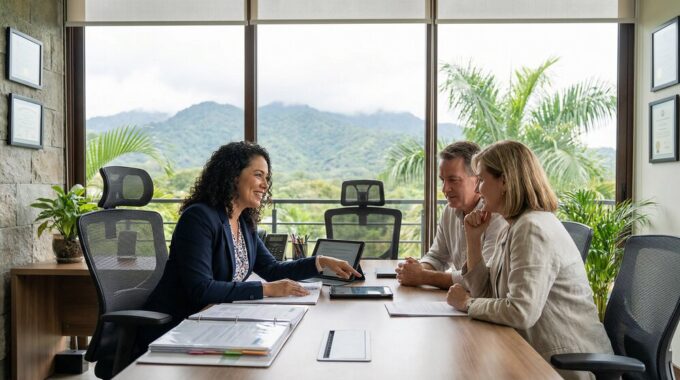 A professional real estate consultant reviewing home loan options with clients in a modern Costa Rican office with mountain views