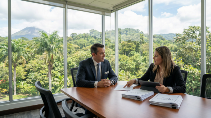 A foreign buyer meeting with a real estate advisor in Costa Rica to discuss property financing options