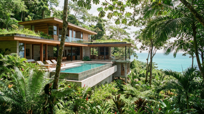 A modern, luxurious home in the Costa Rican jungle, overlooking the ocean, symbolizing the potential unlocked by niche financing.