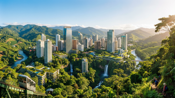 A panoramic view of a modern city skyline nestled in a lush green valley, symbolizing investment and growth.