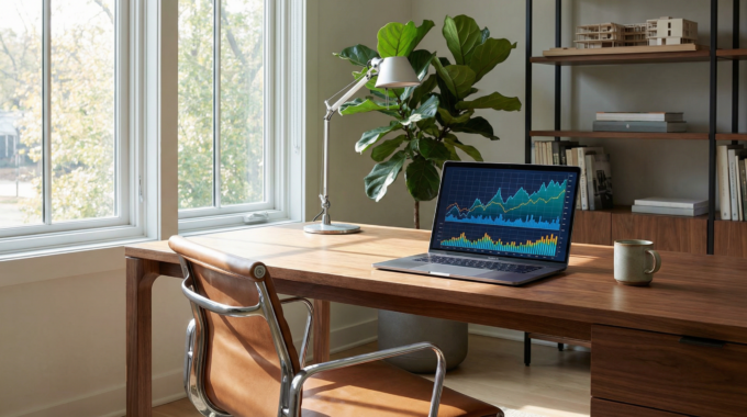 A modern home office with a laptop open to a financial chart, symbolizing the process of refinancing a loan.