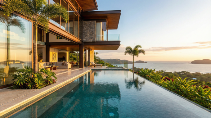 A beautiful modern vacation home in Costa Rica with a pool, overlooking the ocean at sunset.
