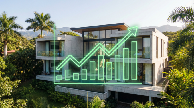 A modern home with a financial graph overlay showing rising equity value.
